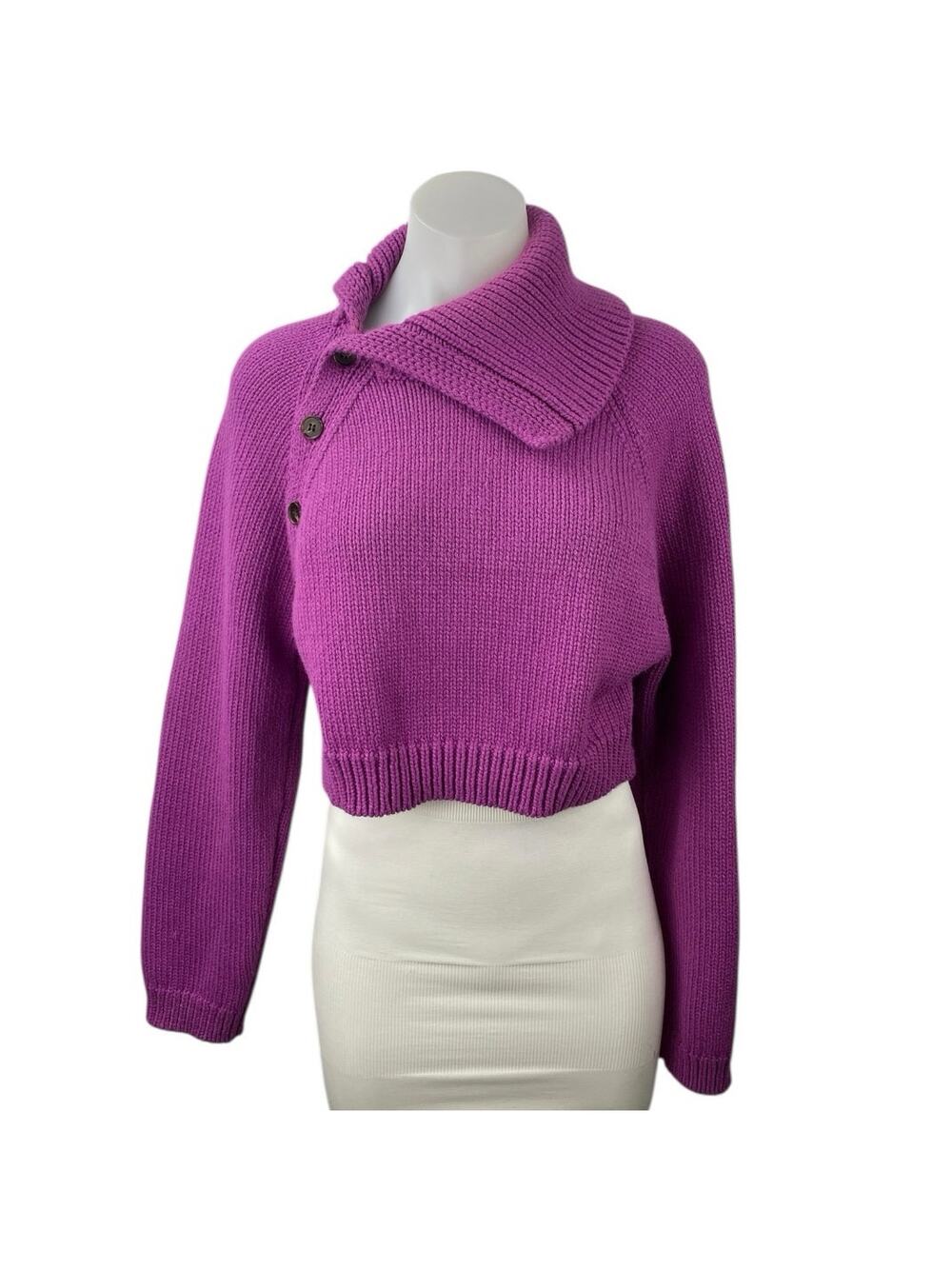 Zara Purple Pink Chunky Knit Asymmetric Collar Button Long Sleeve Crop Sweater S